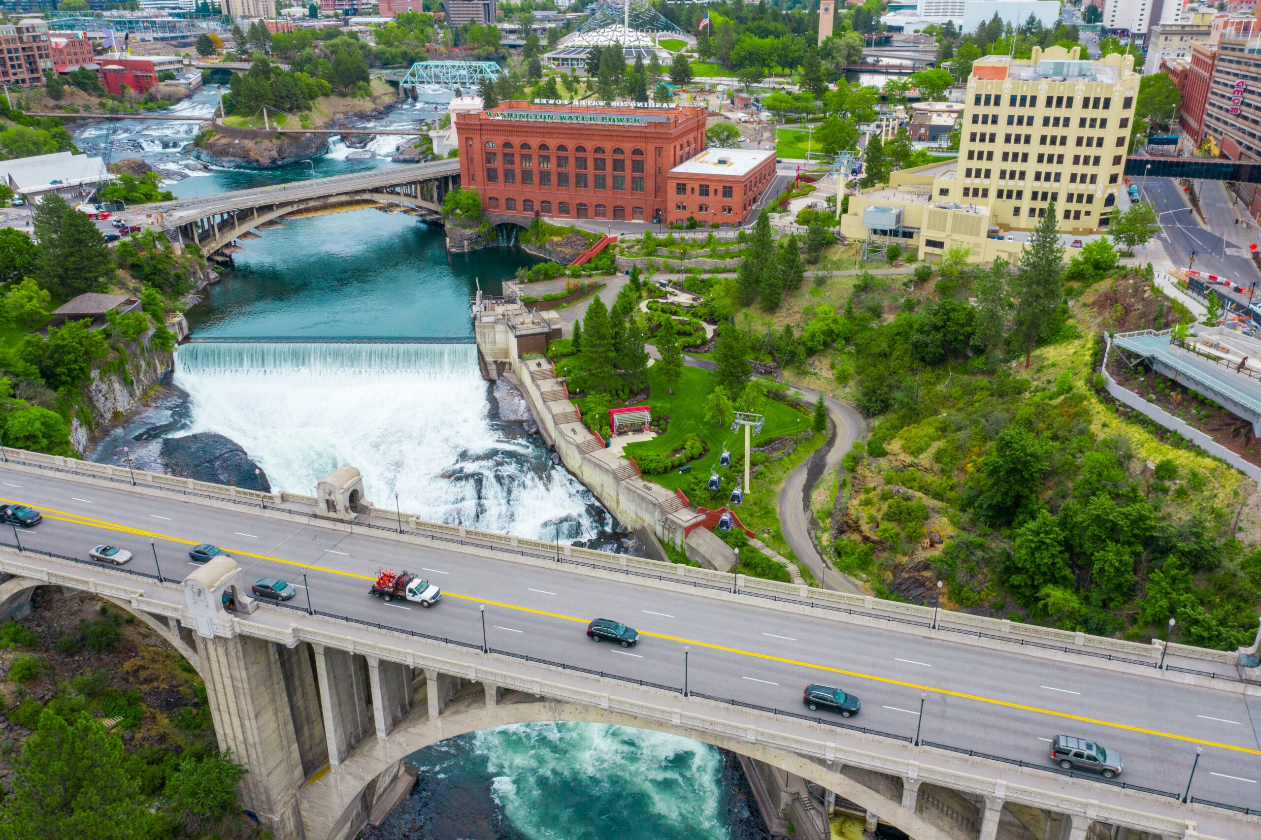 Spokane downtown and river aerial view.