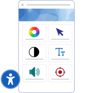 Accessibility overlay interface mockup with common icons: color, mouse cursor, contrast, text size, read aloud, and focus.
